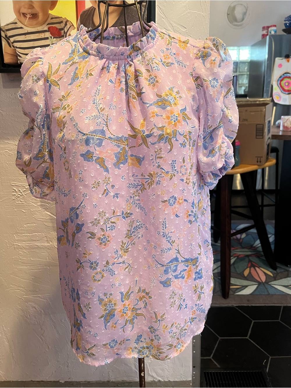 Rachel Zoe Pastel Lavender Floral Puff-Sleeve Top